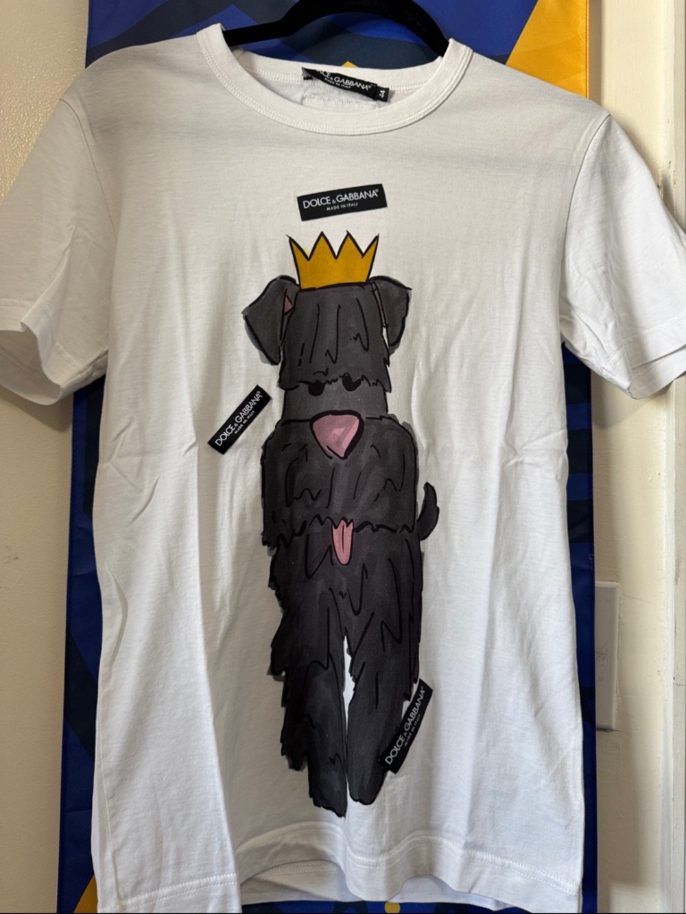 Dolce & Gabbana White Tee with Black Dog Graphic and Gold Crown